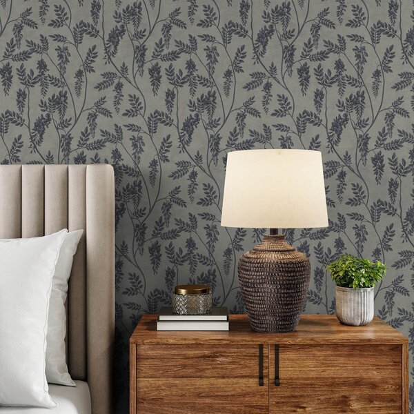 Carta da parati Rami con fiori scuri su sfondo grigio-beige, Parati fiori e piante classici, a00672 : Uwalls.it