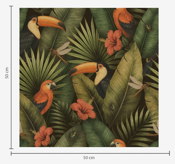 Carta da parati Tucani e pappagalli tra fogliame tropicale e fiori, Parati fiori e piante classici, a00702 : Uwalls.it