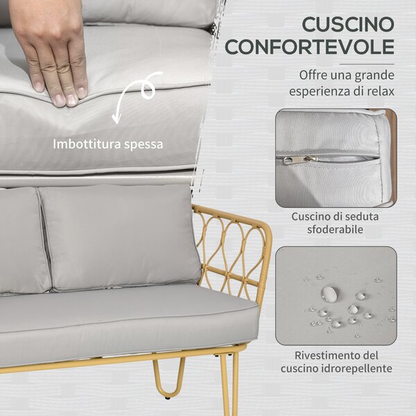 Outsunny Salotto da Giardino Rattan 4 Pezzi con Divano 2 Posti, 2 Poltrone e Tavolino con Piano in Vetro, Cuscini Sfoderabili e Lavabili, Giallo|Aosom