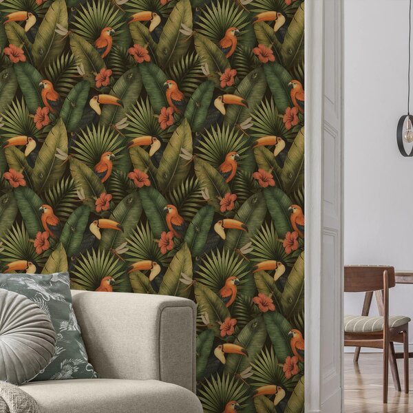 Carta da parati Tucani e pappagalli tra fogliame tropicale e fiori, Parati fiori e piante classici, a00702 : Uwalls.it