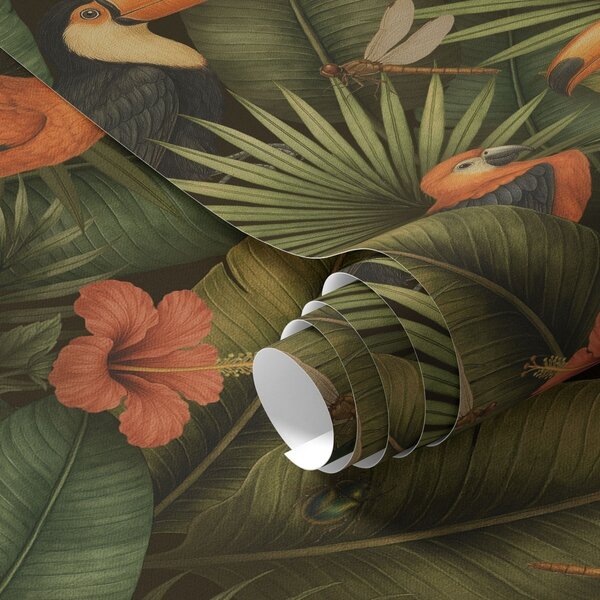 Carta da parati Tucani e pappagalli tra fogliame tropicale e fiori, Parati fiori e piante classici, a00702 : Uwalls.it