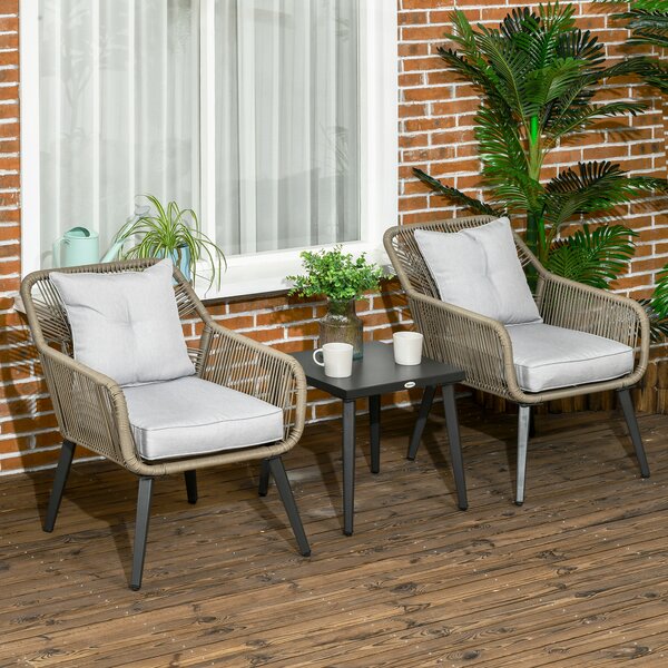 Outsunny Set Tavolino e Sedie da Giardino 3 Pezzi in Rattan PE e Acciaio con 2 Sedie Moderne e 1 Tavolino da Caffè, Grigio|Aosom