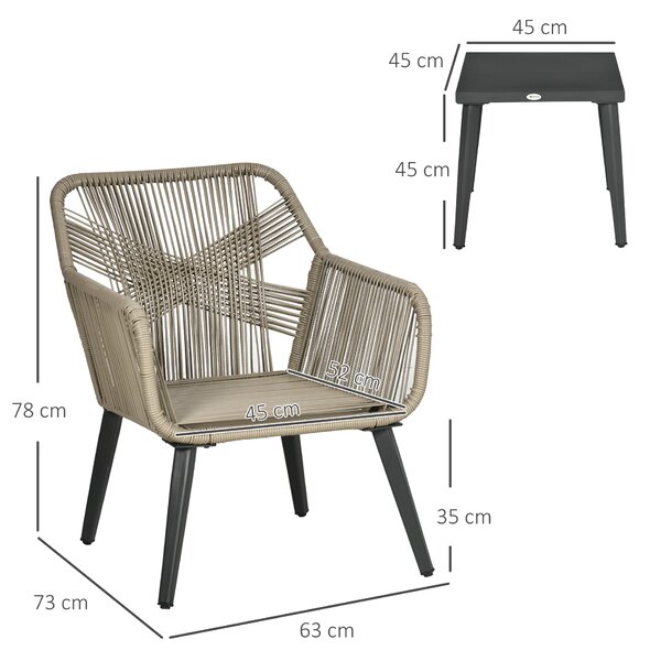 Outsunny Set Tavolino e Sedie da Giardino 3 Pezzi in Rattan PE e Acciaio con 2 Sedie Moderne e 1 Tavolino da Caffè, Grigio|Aosom