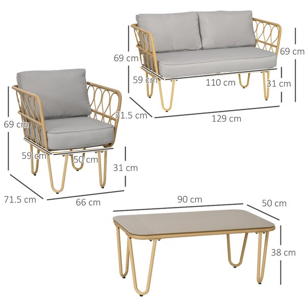 Outsunny Salotto da Giardino Rattan 4 Pezzi con Divano 2 Posti, 2 Poltrone e Tavolino con Piano in Vetro, Cuscini Sfoderabili e Lavabili, Giallo|Aosom