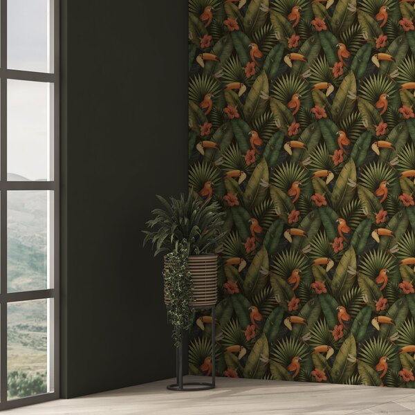 Carta da parati Tucani e pappagalli tra fogliame tropicale e fiori, Parati fiori e piante classici, a00702 : Uwalls.it