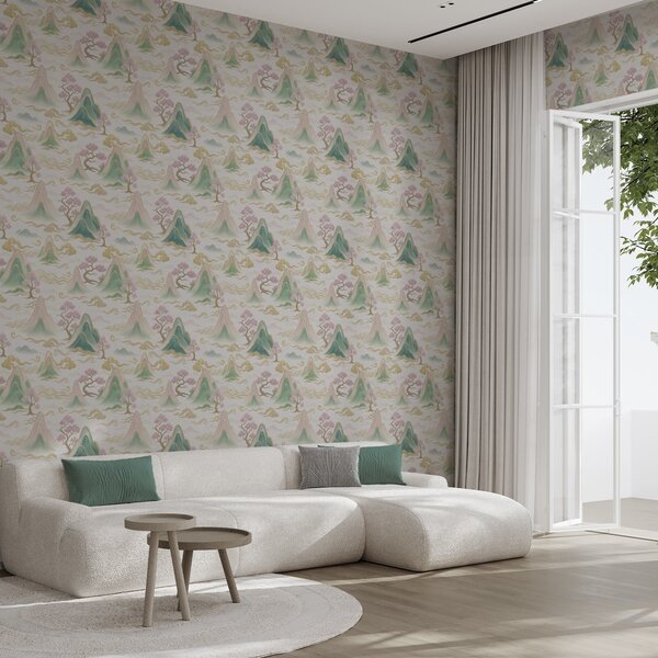 Carta da parati Montagne, nuvole e pini in stile decorativo orientale, Parati stile orientale classici, a00703 : Uwalls.it