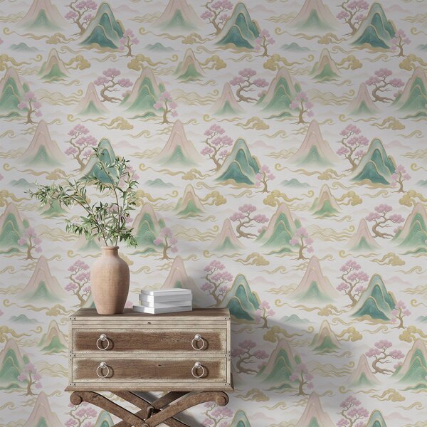 Carta da parati Montagne, nuvole e pini in stile decorativo orientale, Parati stile orientale classici, a00703 : Uwalls.it