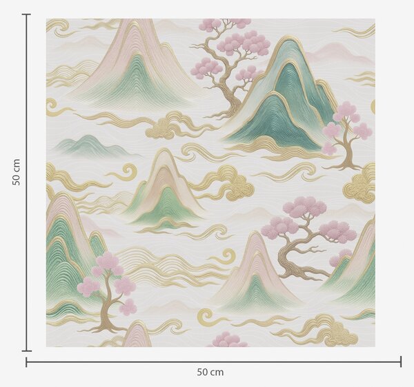 Carta da parati Montagne, nuvole e pini in stile decorativo orientale, Parati stile orientale classici, a00703 : Uwalls.it