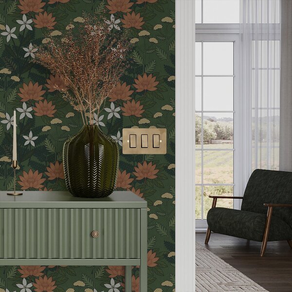 Carta da parati Grandi fiori tra fogliame verde, composizione decorativa, Parati fiori e piante classici, a00708 : Uwalls.it