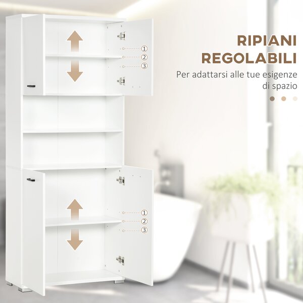 Kleankin Armadietto Bagno con 4 Ante, 2 Ripiani Aperti e Ripiani Interni Regolabili, in Legno, 80x33.5x190 cm, Bianco|Aosom