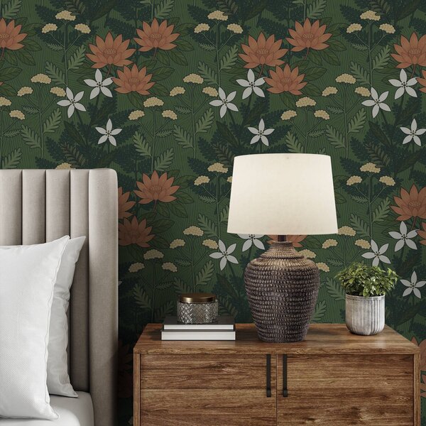 Carta da parati Grandi fiori tra fogliame verde, composizione decorativa, Parati fiori e piante classici, a00708 : Uwalls.it