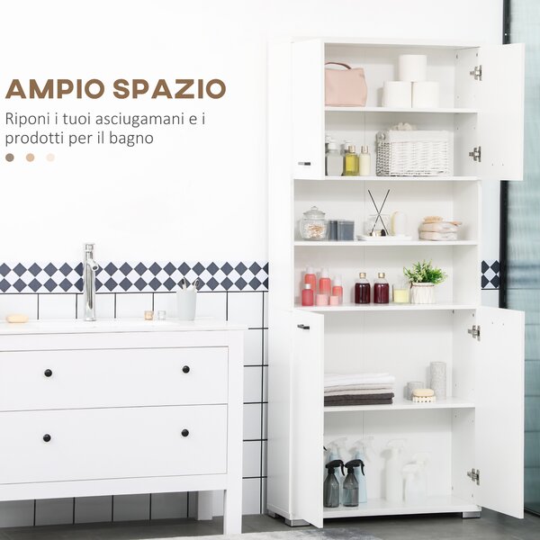 Kleankin Armadietto Bagno con 4 Ante, 2 Ripiani Aperti e Ripiani Interni Regolabili, in Legno, 80x33.5x190 cm, Bianco|Aosom