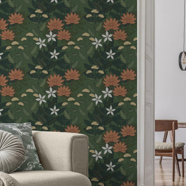 Carta da parati Grandi fiori tra fogliame verde, composizione decorativa, Parati fiori e piante classici, a00708 : Uwalls.it