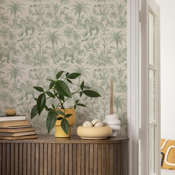 Carta da parati Tigri e uccelli tropicali tra le palme su uno sfondo chiaro, Parati foresta classici, a00711 : Uwalls.it
