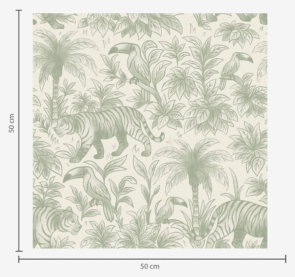 Carta da parati Tigri e uccelli tropicali tra le palme su uno sfondo chiaro, Parati foresta classici, a00711 : Uwalls.it