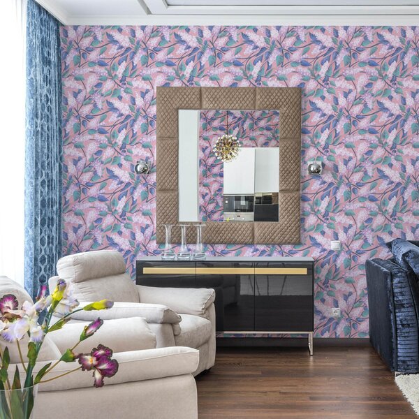 Carta da parati Delicati fiori lilla su sfondo rosa, atmosfera primaverile, Parati fiori e piante classici, a00797 : Uwalls.it