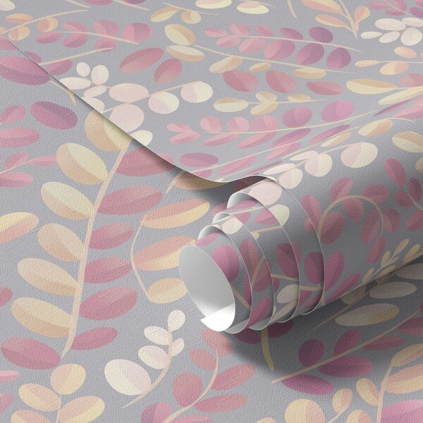 Carta da parati Rami color pastello con fogliame rosa-pesca su sfondo grigio, Parati fiori e piante classici, a00799v1 : Uwalls.it