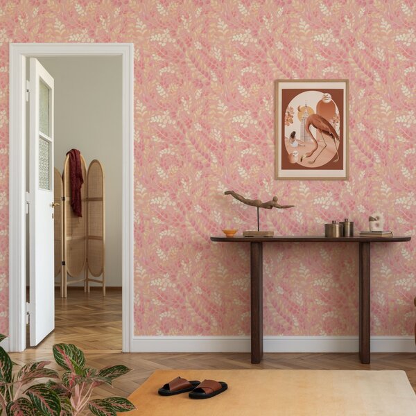 Carta da parati Delicato fogliame rosa-pesca con un leggero luccichio di colore, Parati fiori e piante classici, a00799 : Uwalls.it