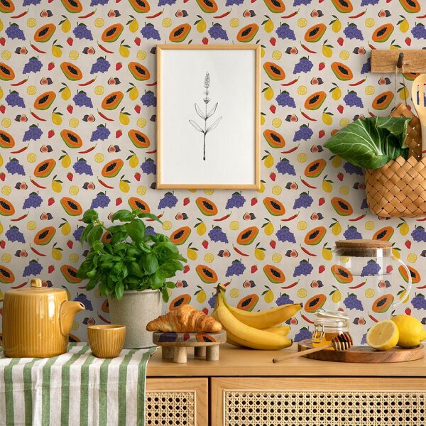 Carta da parati Papaya, uva e limoni: un mix di frutta dai colori vivaci, Parati classici Cibo e bevande, a00803 : Uwalls.it
