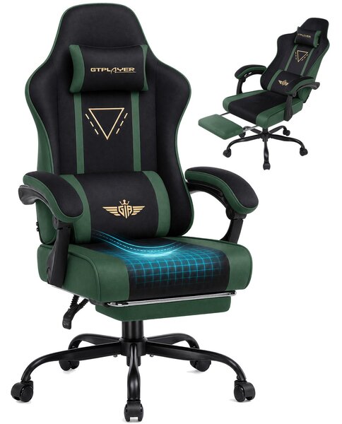 Sedia da gaming GTPLAYER, ergonomica, con rivestimento in tessuto, cuscino imbottito, braccioli regolabili e poggiapiedi, capacità di carico fino a 150 kg, colore grigio