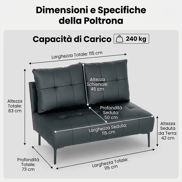 DecHome Divano 2 Posti Moderno in Ecopelle Dimensioni 115x73x83 cm colore Nero