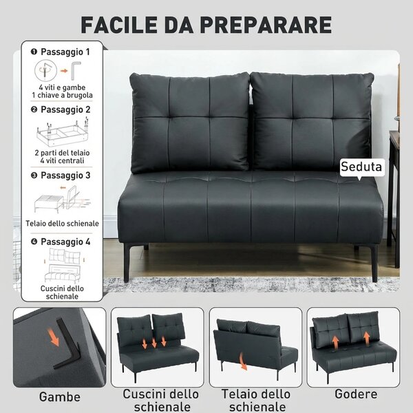 DecHome Divano 2 Posti Moderno in Ecopelle Dimensioni 115x73x83 cm colore Nero