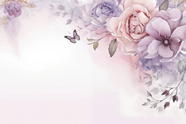 Carta da parati Delicati fiori rosa e lilla con una farfalla, Carta da parati Floreale, w04711 : Uwalls.it