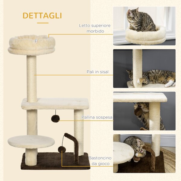 PawHut Albero Tiragraffi per Gatti con Palo in Sisal, Posatoio e Palline da Gioco, in Truciolato e Peluche, 44x38x74 cm, Beige|Aosom