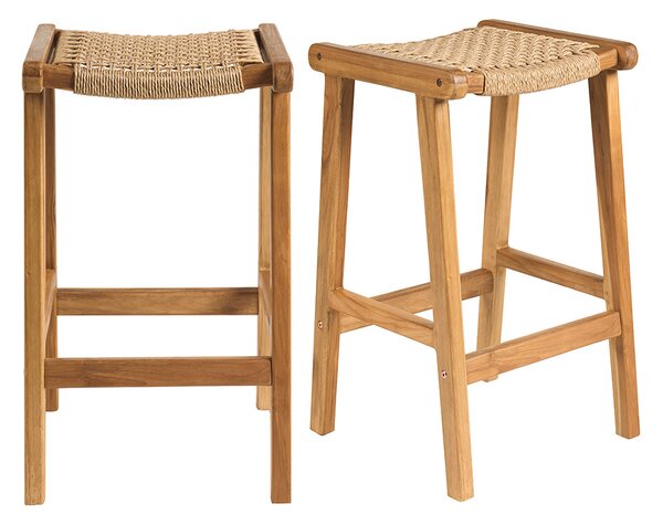 Sgabelli da bar etnici da esterno in legno massello di teak e intreccio di rattan H66 cm (set di 2) GAWA