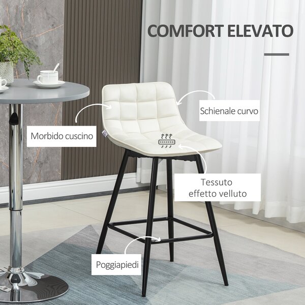 HOMCOM Set 2 Sgabelli da cucina e Bar con Schienale e Poggiapiedi, Sedie Imbottite Alte in Metallo e Velluto, Bianco Crema, 45x47x88 cm|Aosom Italy