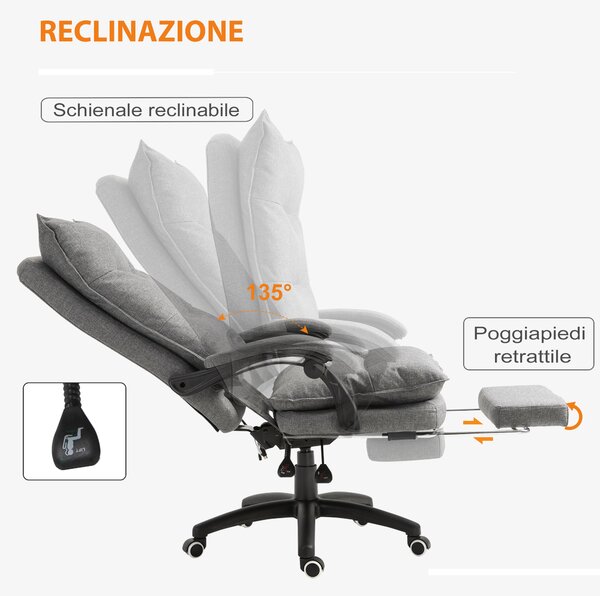 Vinsetto Poltrona da Ufficio Ergonomica Massaggiante Reclinabile con Altezza Regolabile, sedia con Seduta Imbottita e Rotelle, Grigio | Aosom Italy