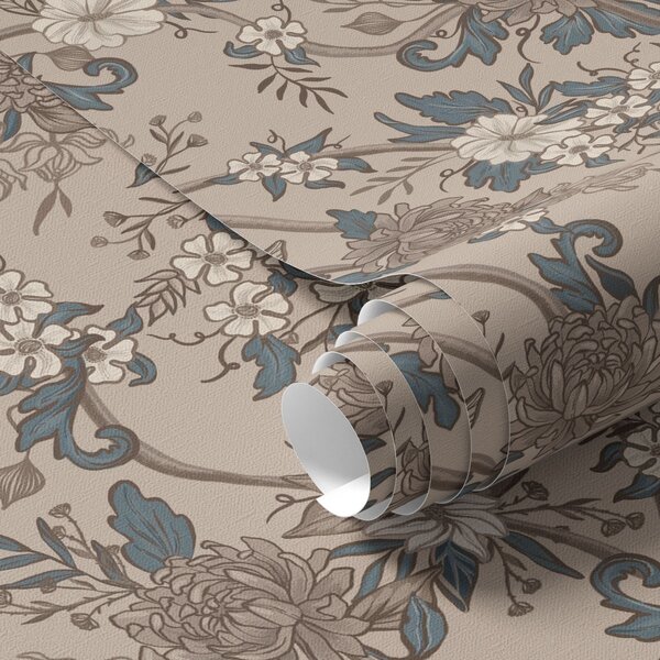 Carta da parati Grandi fiori con foglie decorate su uno sfondo beige caldo, Parati fiori e piante classici, a00649 : Uwalls.it