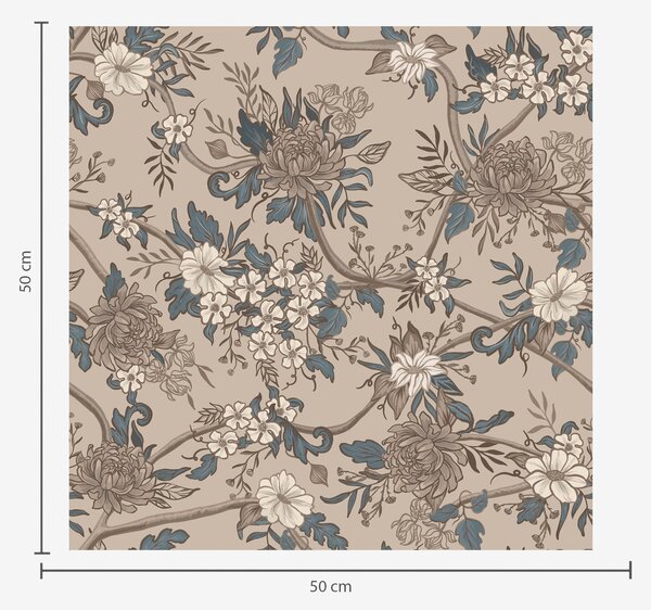 Carta da parati Grandi fiori con foglie decorate su uno sfondo beige caldo, Parati fiori e piante classici, a00649 : Uwalls.it