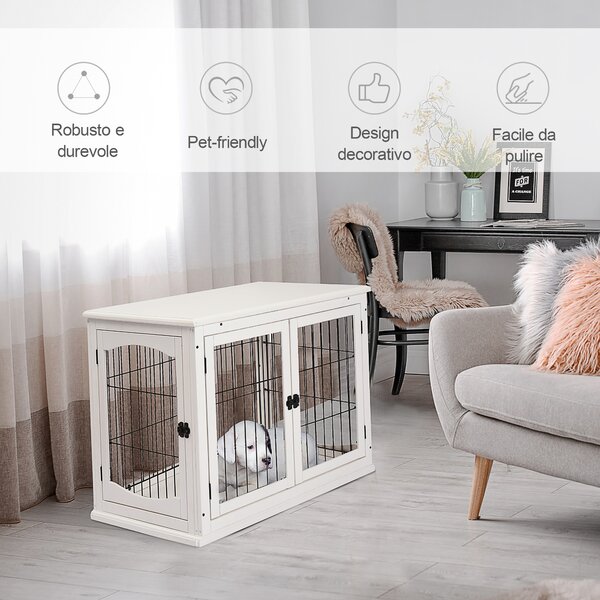 PawHut Casetta per Cani da Interno, Gabbietta per Animali in Legno e Metallo con Doppia Porta, 58.5x81x 66cm, Bianco|Aosom