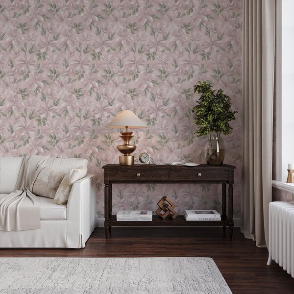 Carta da parati Fiori rosa con foglie delicate su uno sfondo morbido, Parati fiori e piante classici, a00675 : Uwalls.it