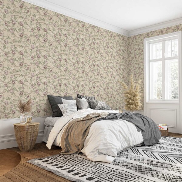 Carta da parati Rose con foglie verdi su una calda base beige, Parati fiori e piante classici, a00729 : Uwalls.it