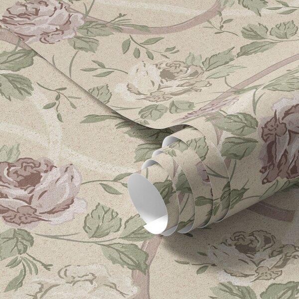 Carta da parati Rose con foglie verdi su una calda base beige, Parati fiori e piante classici, a00729 : Uwalls.it
