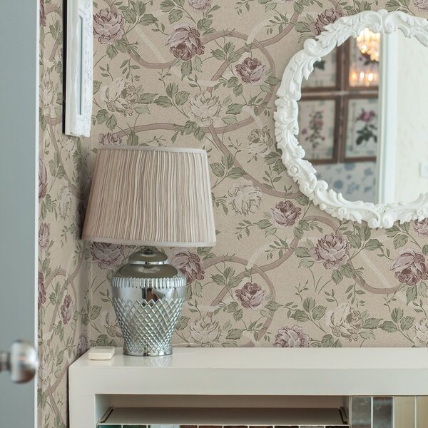 Carta da parati Rose con foglie verdi su una calda base beige, Parati fiori e piante classici, a00729 : Uwalls.it