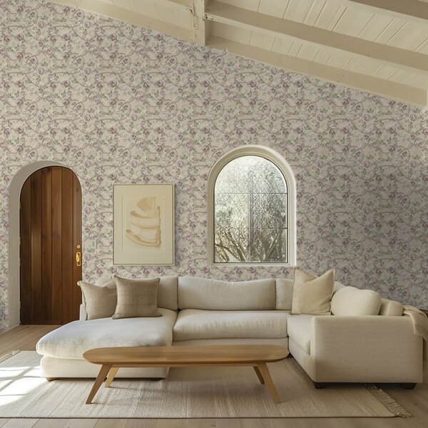 Carta da parati Rose con foglie verdi su una calda base beige, Parati fiori e piante classici, a00729 : Uwalls.it