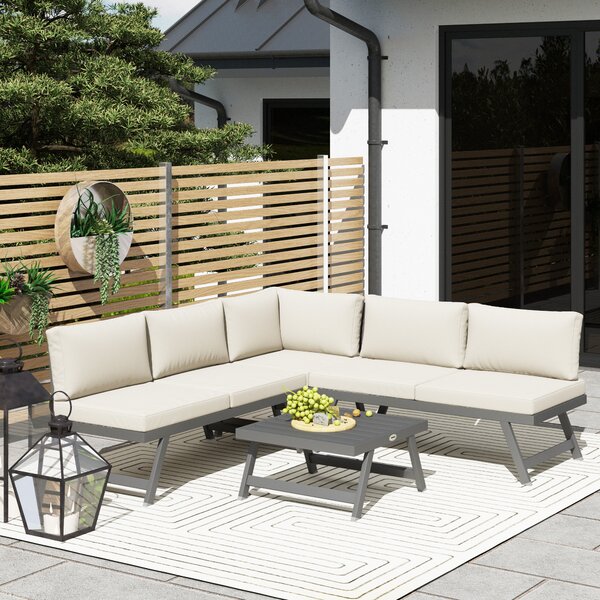 Outsunny Set da giardino d'angolo e convertibile 4 pezzi con 2 divani, 1 poltrona ad angolo e 1 tavolino basso