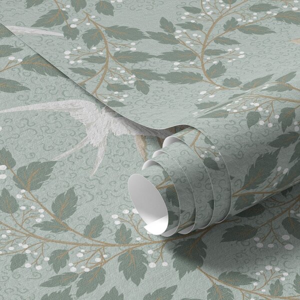 Carta da parati Rami con bacche bianche e uccelli su sfondo verde, Parati fiori e piante classici, a00731 : Uwalls.it