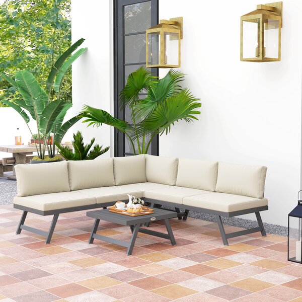Outsunny Set da giardino d'angolo e convertibile 4 pezzi con 2 divani, 1 poltrona ad angolo e 1 tavolino basso