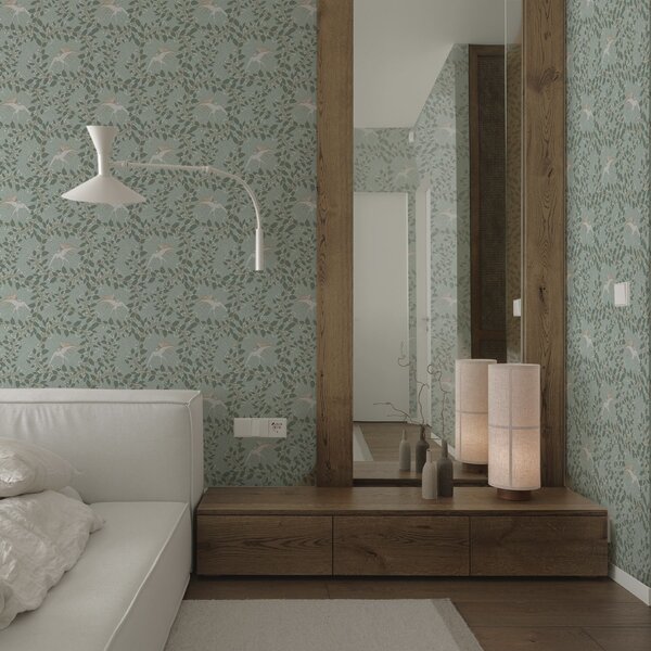 Carta da parati Rami con bacche bianche e uccelli su sfondo verde, Parati fiori e piante classici, a00731 : Uwalls.it