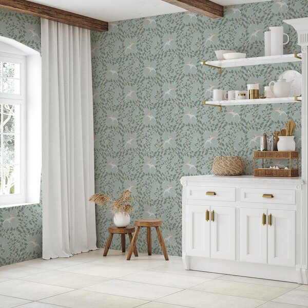 Carta da parati Rami con bacche bianche e uccelli su sfondo verde, Parati fiori e piante classici, a00731 : Uwalls.it