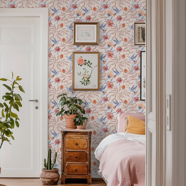 Carta da parati Colibrì tra grandi fiori nei toni del rosa e del blu, Parati fiori e piante classici, a00733 : Uwalls.it