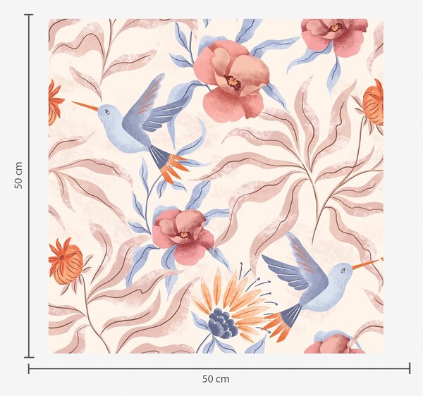 Carta da parati Colibrì tra grandi fiori nei toni del rosa e del blu, Parati fiori e piante classici, a00733 : Uwalls.it