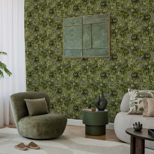 Carta da parati Fogliame verde intenso su sfondo grigio-verde, Parati fiori e piante classici, a00805v1 : Uwalls.it