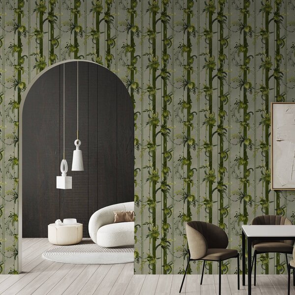 Carta da parati Foglie verdi a strisce verticali su sfondo grigio, Parati fiori e piante classici, a00807v1 : Uwalls.it
