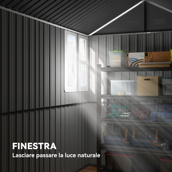 Outsunny Casetta con Finestra e Tetto inclinato, Porta a doppia Attrezzi in Acciaio Zincato e PP, 259x172x222 cm, Grigia e Bianca | Aosom Italy