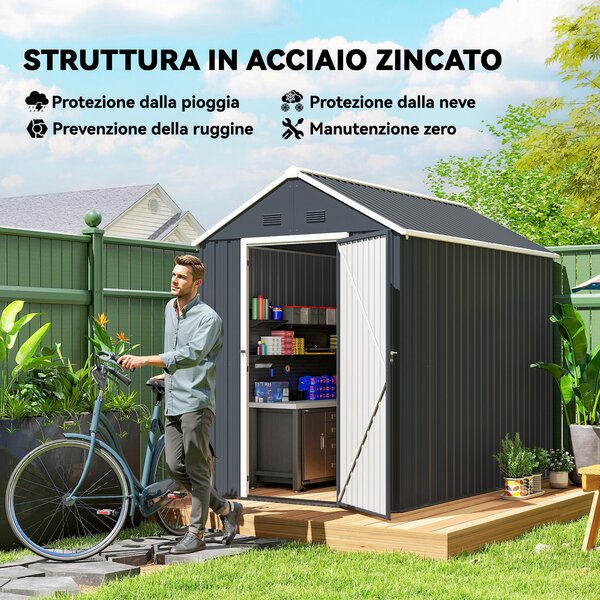Outsunny Casetta con Finestra e Tetto inclinato, Porta a doppia Attrezzi in Acciaio Zincato e PP, 259x172x222 cm, Grigia e Bianca | Aosom Italy
